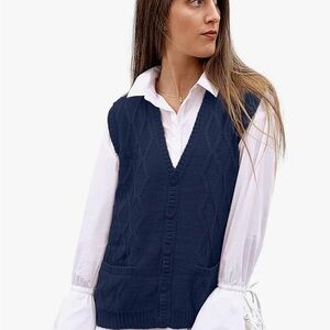 Tinkuy Women's V Neck Argyle Alpaca Wool Cardigan Vest NWT Blue Peruvian
